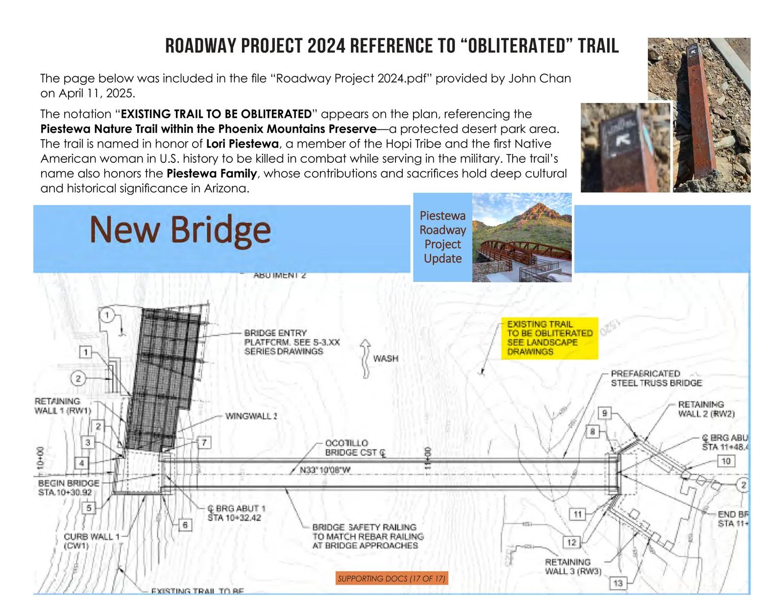 City of Phoenix engineering drawing of the new bridge with the notation 'EXISTING TRAIL TO BE OBLITERATED' pointing at the Piestewa Nature Trail